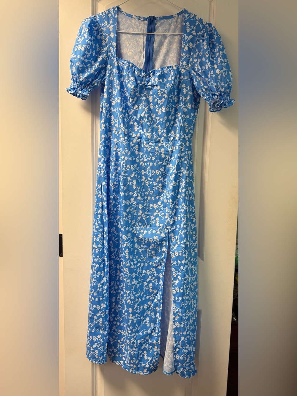 Blue Floral Midi Dress with Side Slit
